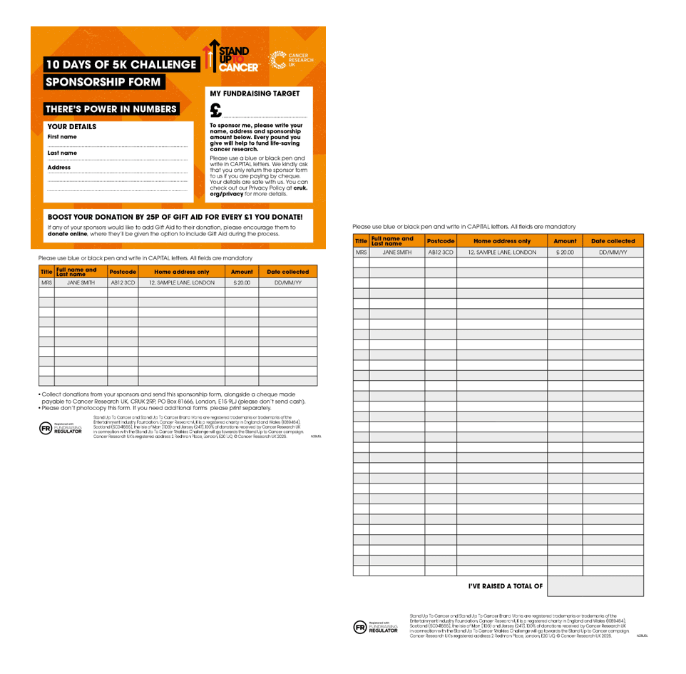 Sponsorship form with sponsor details, gift aid information and fundraising record sheets.