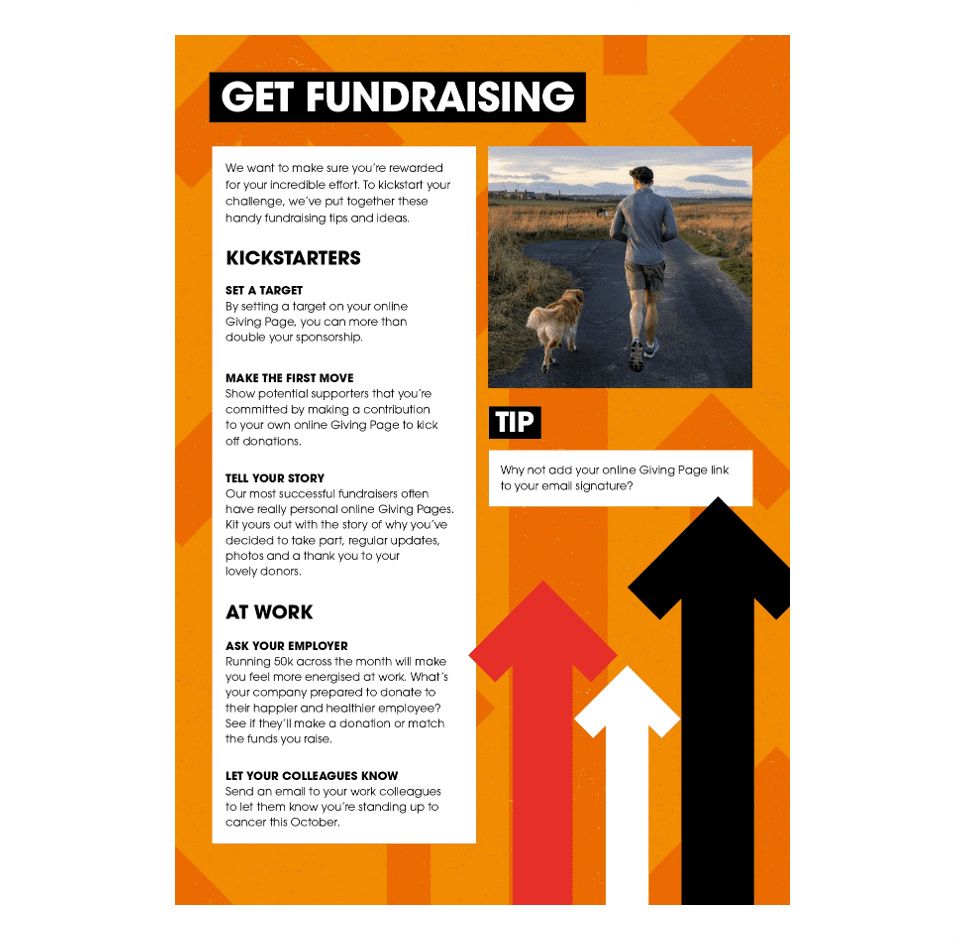 Challenge fundraising advice page with sponsorship ideas, a walking image and bold arrow graphics.