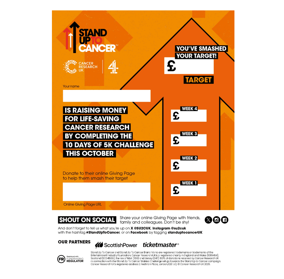 Fundraising totaliser page with a large arrow and weekly progress boxes.