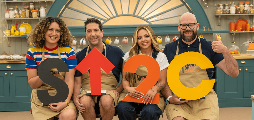 The celebrity contestants for The Great Stand Up To Cancer Bake Off 2023, episode 1: Rose Matafeo, David Schwimmer, Jesy Nelson, Tom Davis.