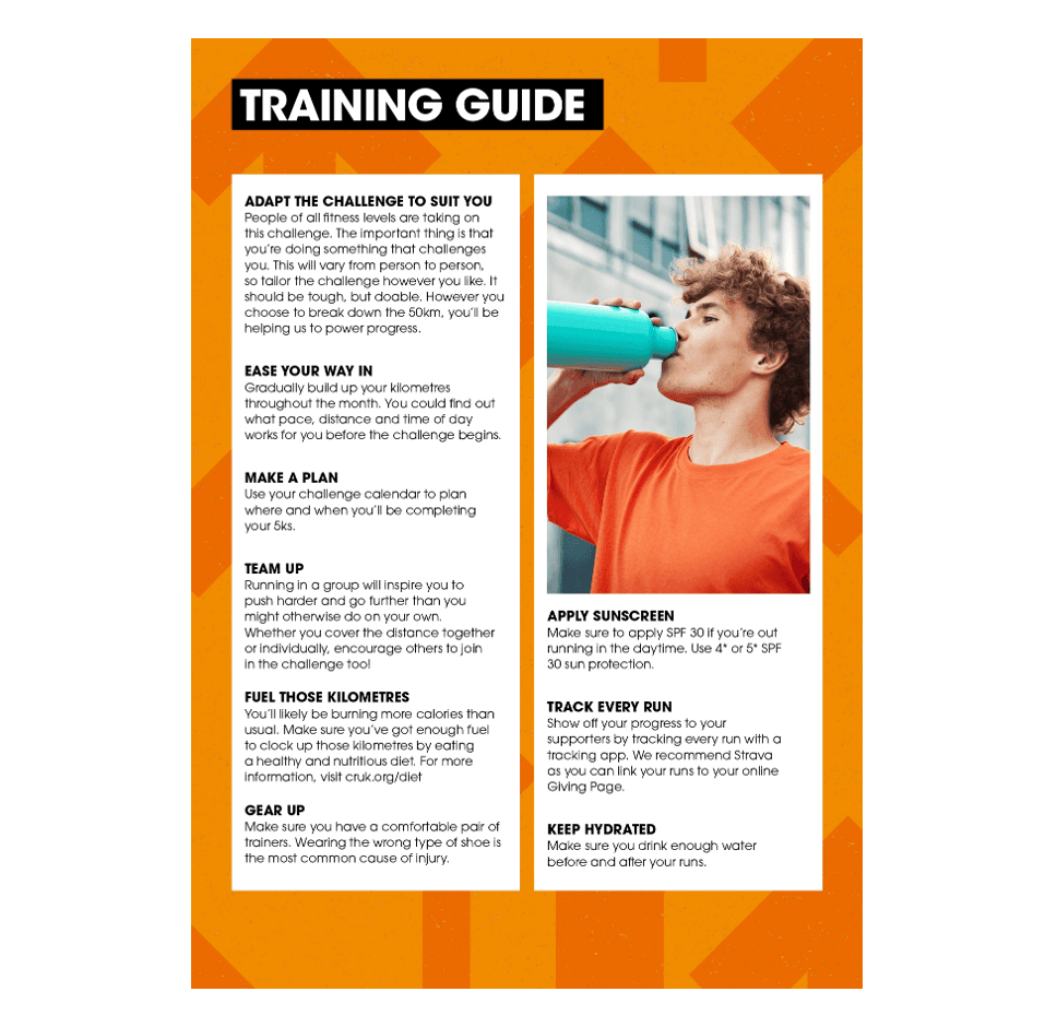 Training guide page with exercise and fundraising tips, featuring a person drinking from a water bottle.