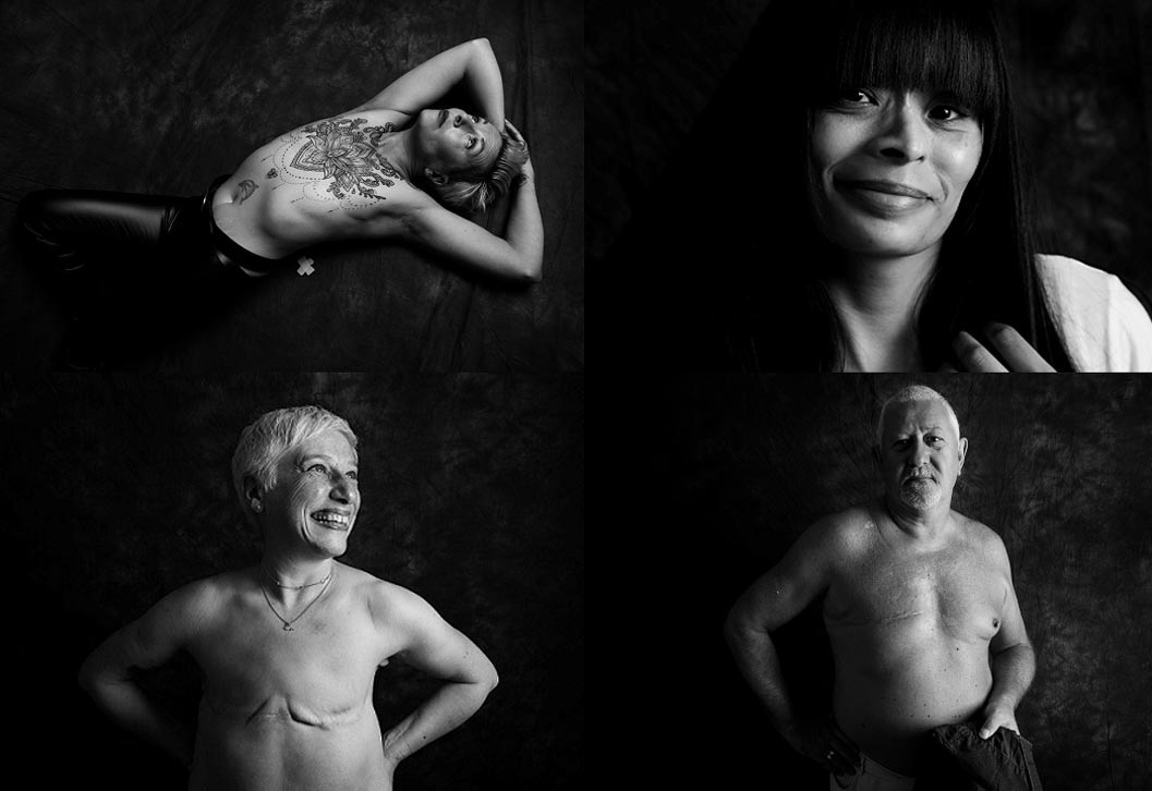 a group of women with cancer scars as part of the Defiance photoshoot in black and white 