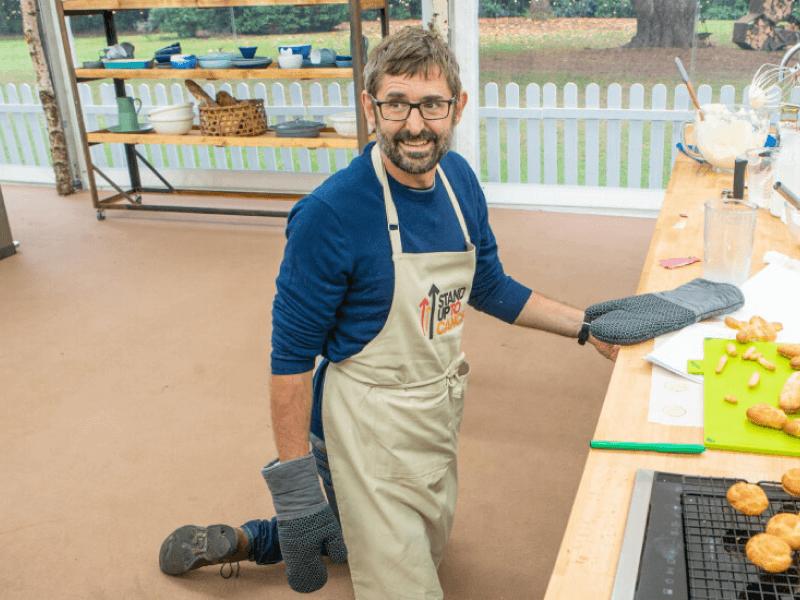 Louis Theroux on the floor in the Bake Off tent