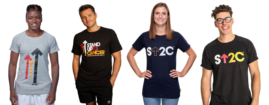 Four people wearing the Stand Up To Cancer merchandise, including Mark Wright and Nicola Adams