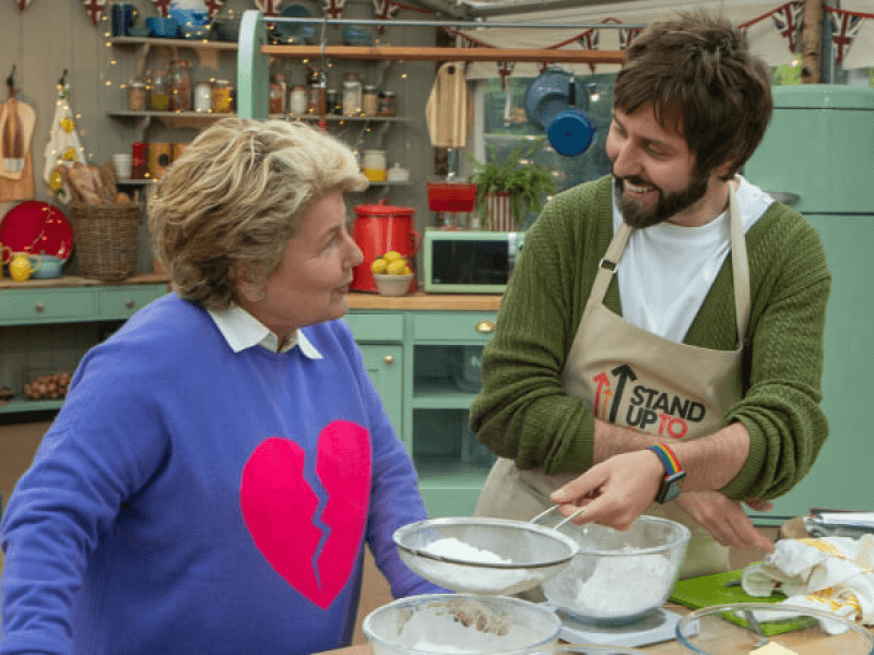 Sandi Toksvig and James Buckley in the Bake Off tent