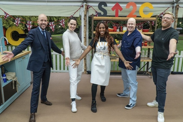 Alexandra Burke and celebrity bakers in the Bake Off tent