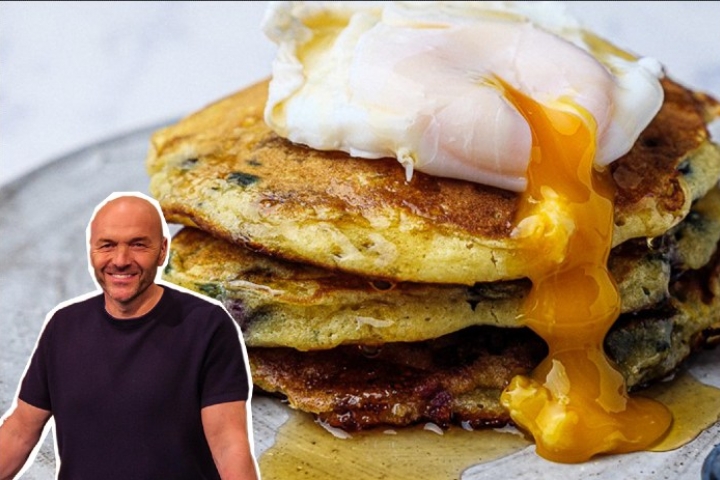 Blueberry pancakes with a cut out of Simon Rimmer in front