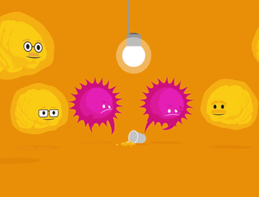 Illustration of pink tumours being sad under a light.