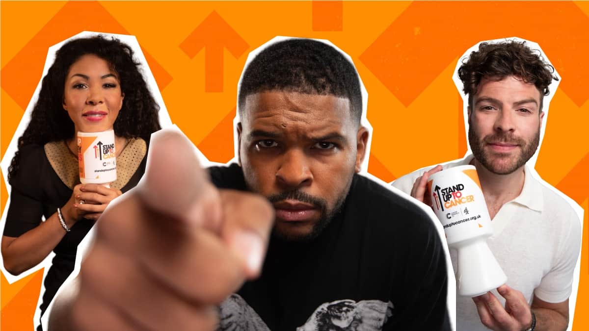 Three celebrities against orange background holding Stand up to Cancer money collecting tins.